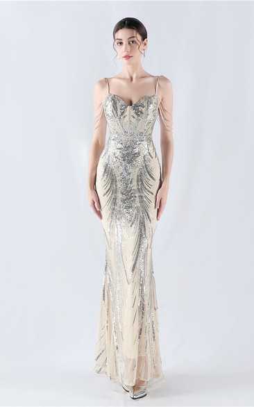 Waist-Reduced Fishbone Shaping Positioning Flower Sequined Anchor Sexy Beaded Suspender Evening Dress
