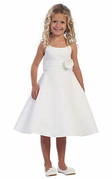 Floral Tea-Length Tiered Cap-Sleeve Satin Flower Girl Dress With Cape