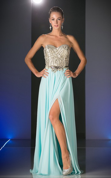 A-Line Maxi Sweetheart Chiffon Backless Dress With Beading And Split Front