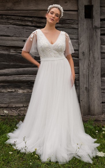 Romantic Tulle Floor-length Half Sleeve A Line Open Back Wedding Dress with Appliques