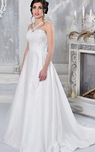 A-Line Long Sleeveless Appliqued Satin Wedding Dress