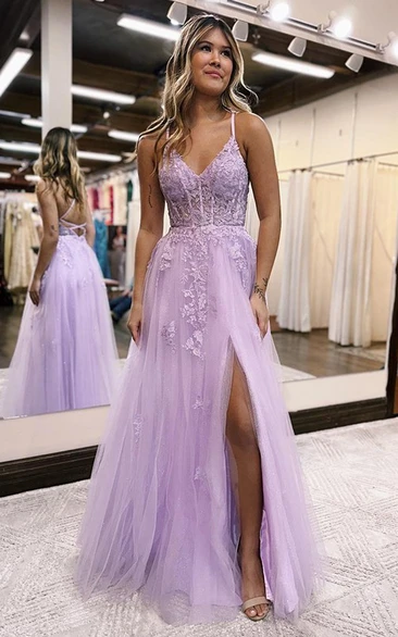 Spaghetti Purple A-line Tulle Front Split Lace Applique Prom Dress