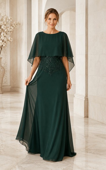 Robe de mère de la mariée en mousseline vert foncé à manches cape et corsage à sequins