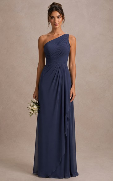 Dark Navy One-Shoulder Ruffle Chiffon Bridesmaid Dress