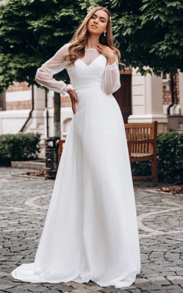 Simple Bateau A Line Floor-length Long Sleeve Wedding Dress
