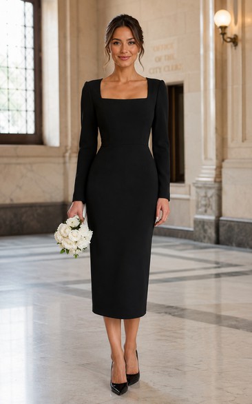Black Square Neck Long Sleeve Pencil Midi Dress