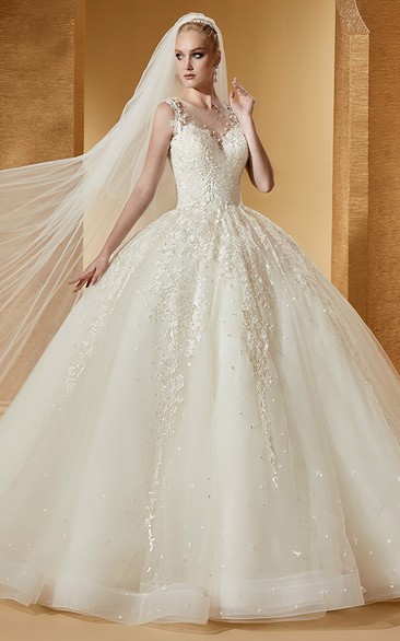 Romantic Cap Sleeve Appliques Ball Gown With Illusive Neckline And Brush Train