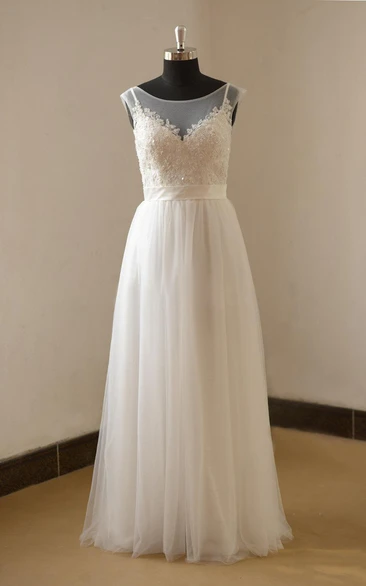 A-Line Tulle and Lace Cap Sleeve Dress With Bateau Neckline and Illusion Back