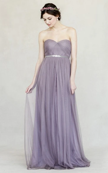Floor-Length Empire Jeweled Sweetheart Sleeveless Tulle Bridesmaid Dress