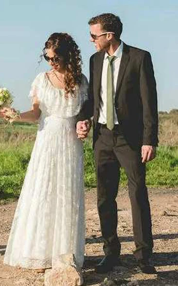 Boho Scoop-Neck Lace And Pleated Wedding Dress