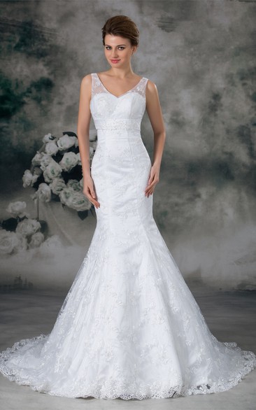 Dramatic Satin Appliqued Trumpet V Neck Wedding Dresses