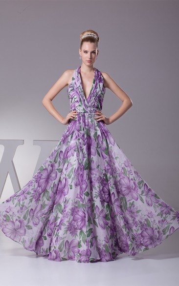 Plunged Floor-Length Pleated Sleeveless Jeweled Waist and Dress With Halter