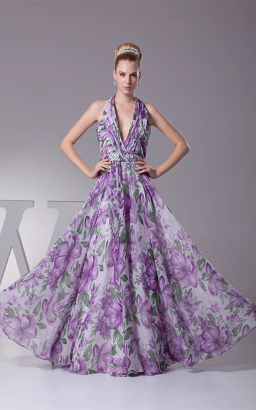 Plunged Floor-Length Pleated Sleeveless Jeweled Waist and Dress With Halter