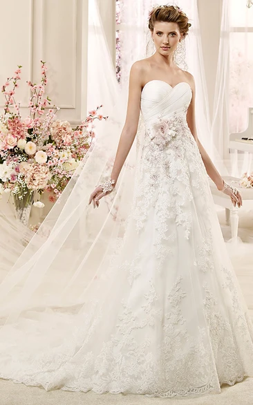 Sweetheart Flower A-line Wedding Dress with Beaded Appliques and Pleated Bodice