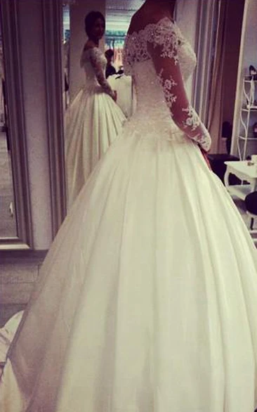 Glamorous Off-the-shoulder Long Sleeve Princess Wedding Dress With Beadings Appliques
