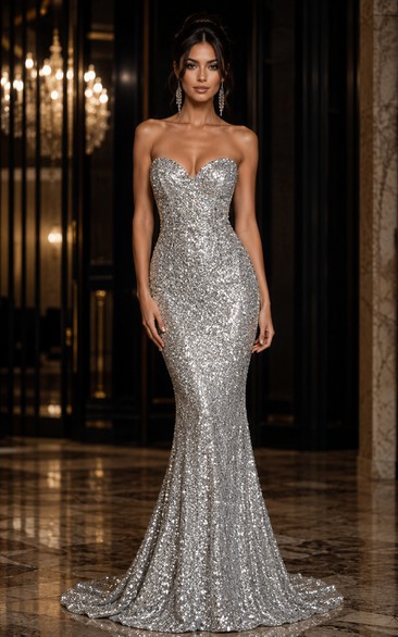 Vestido de noche sin tirantes con escote corazón y lentejuelas plateadas y corbata negra, estilo sirena.