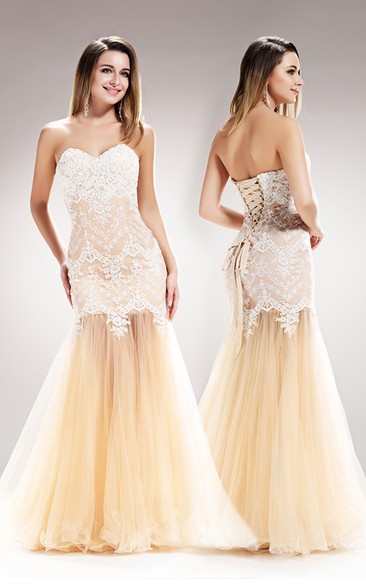 Mermaid Long Sweetheart Sleeveless Tulle Lace Lace-Up Dress With Appliques