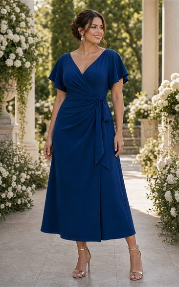 Plus Size Dark Navy Flutter Sleeve Chiffon Wrap Dress