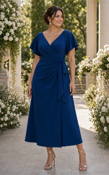 Plus Size Dark Navy Flutter Sleeve Chiffon Wrap Dress