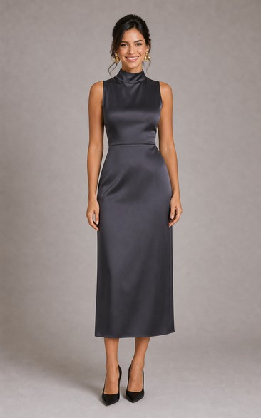 Steel Grey High Neck Satin Midi Sheath Dress