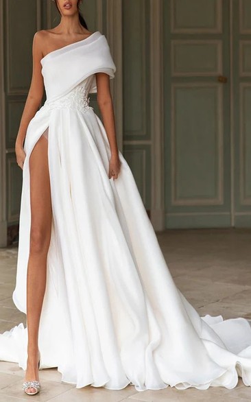 White One-Shoulder Wedding Gown with Slit