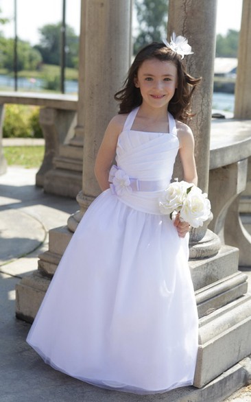 Flower Girl Halter A-line Tulle Long Dress With Flower Satin Sash