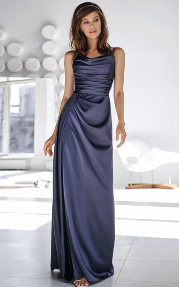 Simple Cowel Sheath Satin Floor-length Prom Dress with Ruching and Split Front