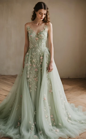 Light Green Strappy Floral Evening Gown