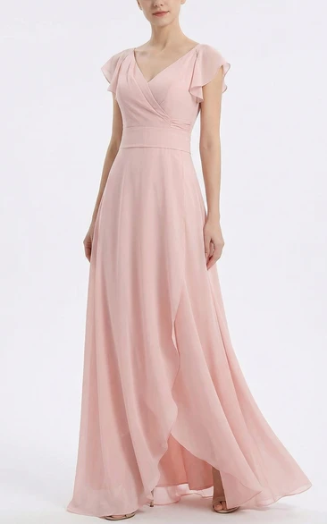 Cap Sleeve Chiffon Gown with Sash & Split