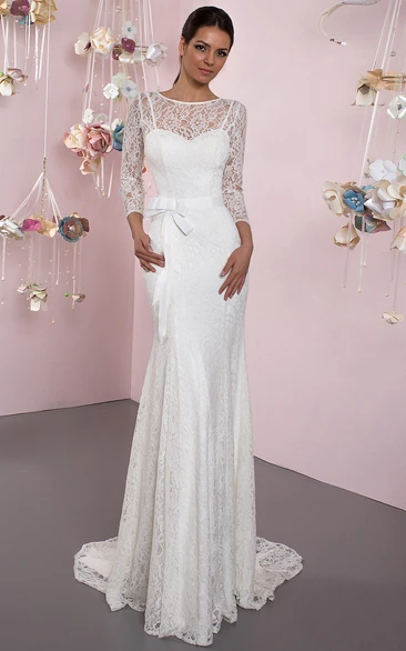 Sheath 3-4 Sleeve Bowed Scoop Neck Lace Wedding Dress With Brush Train