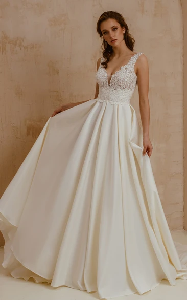Modern V-neck Satin Lace A Line Short Sleeve Floor-length Sweep Train Wedding Dress with Pleats
