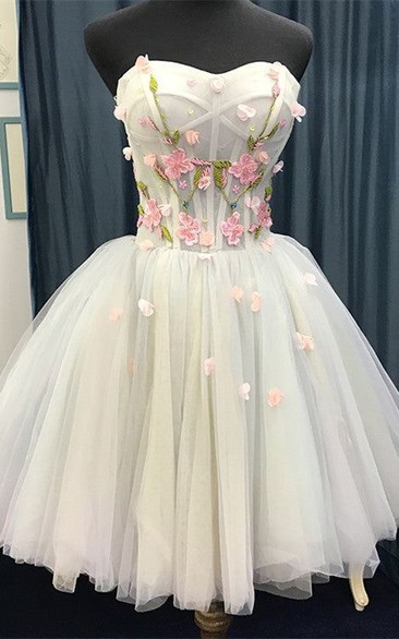 Ivory Strapless Cocktail Dress with Floral Appliqué