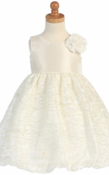 Tea-Length Floral Tiered Empire Tulle&Taffeta Flower Girl Dress With Embroidery