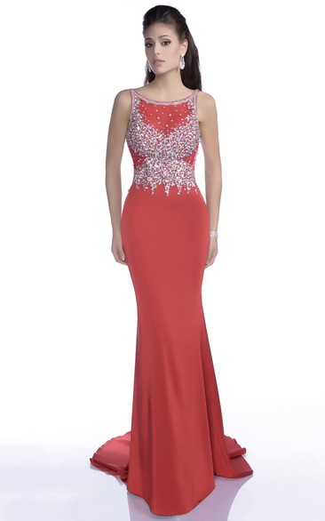 Sheath Chiffon Sleeveless Prom Dress With Bateau Neckline And Sequined Bodice