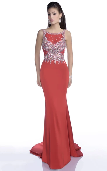 Sheath Chiffon Sleeveless Prom Dress With Bateau Neckline And Sequined Bodice