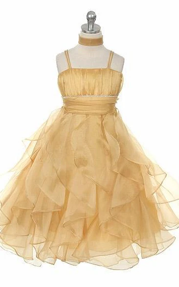 Cape Ankle-Length Tiered Pleated Empire Organza Flower Girl Dress With Ribbon
