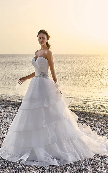 Ball Gown Sweetheart Tulle Wedding Dress With Criss Cross And Tiers