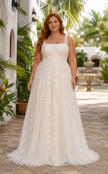 Plus Size Brautkleid in A-Linie mit eckigem Ausschnitt, Spitze und breiten Trägern