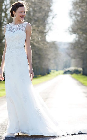 Maxi Scoop Appliqued Chiffon Wedding Dress With Sweep Train And V Back
