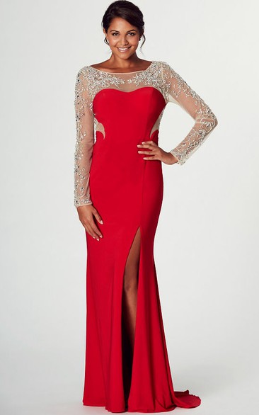 Long-Sleeve Beaded Long Bateau-Neck Jersey Prom Dress With Split Front