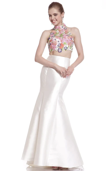 Trumpet High Neck Sleeveless Satin Illusion Dress With Appliques