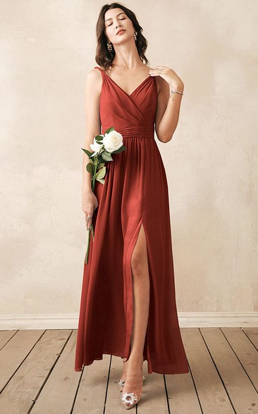 Romantic V-neck A Line Sleeveless Ankle-length Chiffon Bridesmaid Dress With Ruching