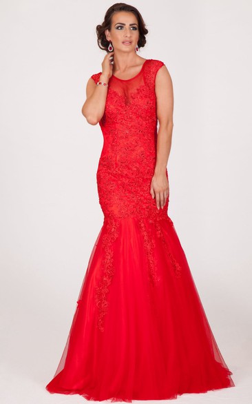 Trumpet Appliqued Sleeveless Scoop-Neck Floor-Length Tulle Prom Dress