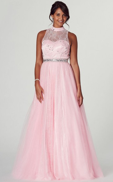 A-Line High Neck Appliqued Sleeveless Tulle Prom Dress