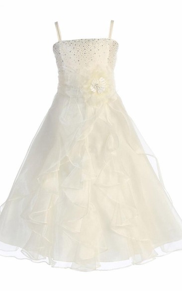 Ankle-Length Split Floral Beaded Organza Flower Girl Dress With Sash