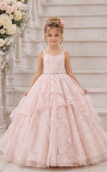 Blushing Pink Ball Gown Lace Flower Girl Dress with Ruffles