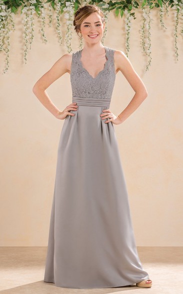 V-Neck Sleeveless A-Line Bridesmaid Dress With Lace Bodice And Keyhole Back