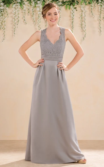 V-Neck Sleeveless A-Line Bridesmaid Dress With Lace Bodice And Keyhole Back