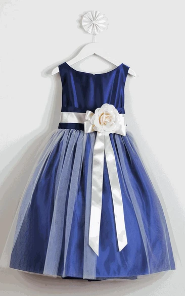Tea-Length Tiered Tulle&Satin Flower Girl Dress