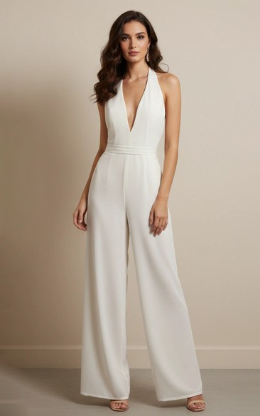 V-Neck Sleeveless Wide Leg Wedding Jumpsuit